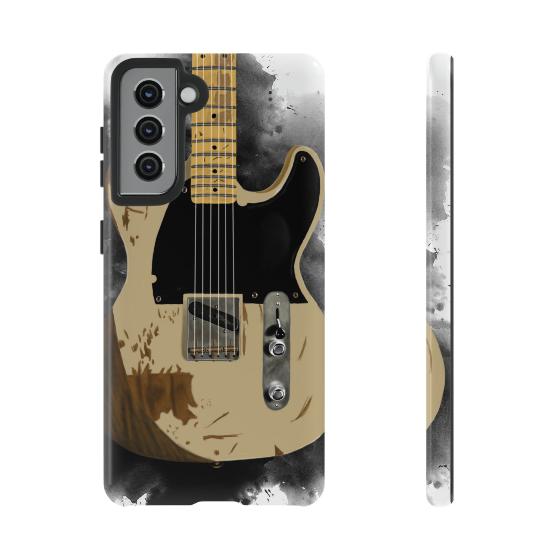 Digital painting of a white-black vintage electric guitar printed on a samsung phone case