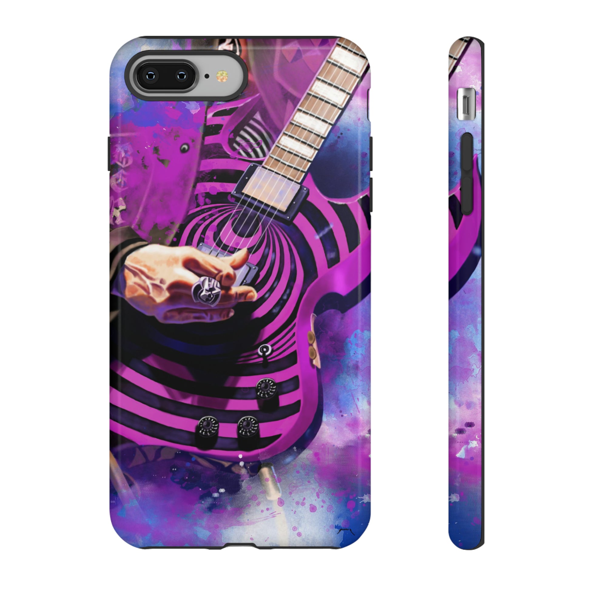 digital painting of a purple-black electric guitar with hand printed on iphone phone case