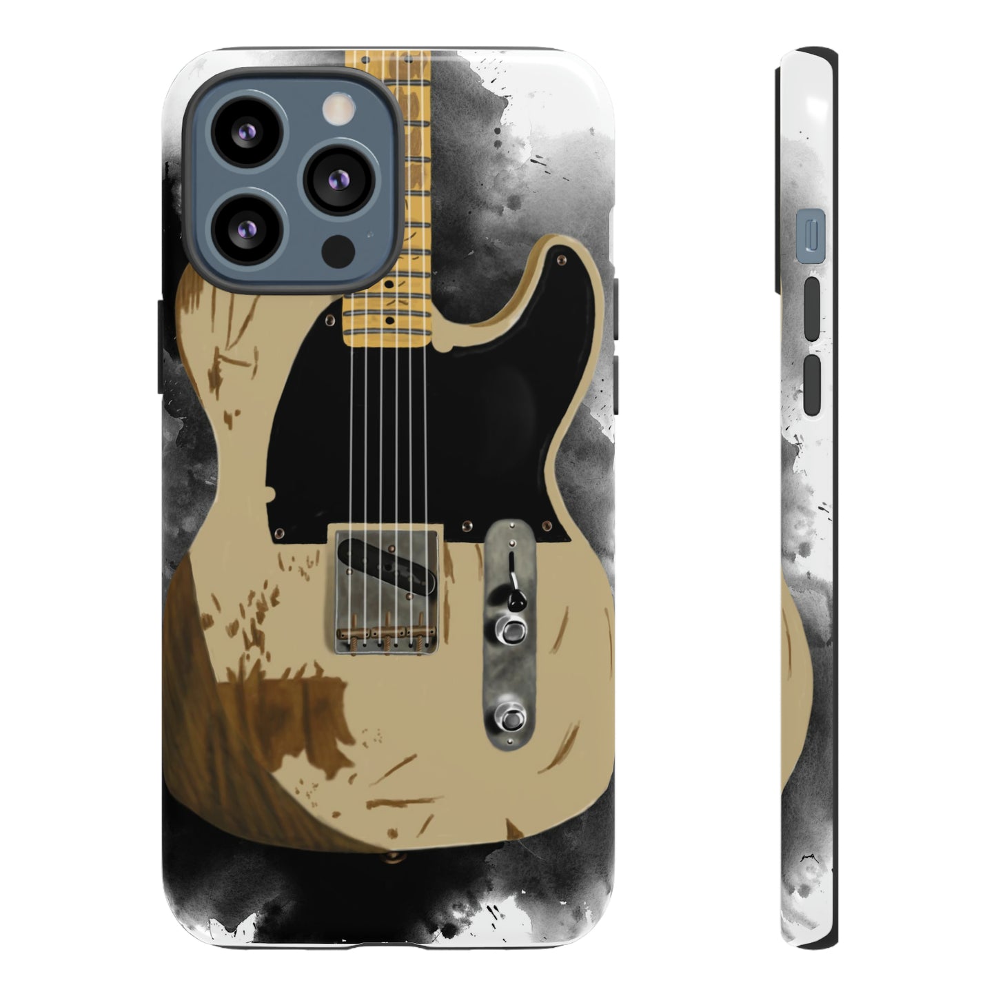 Digital painting of a white-black vintage electric guitar printed on an iphone phone case