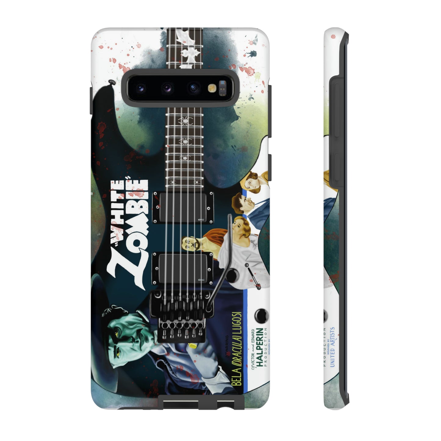 Digital painting of a blue electric guitar with a vintage movie poster on it printed on samsung phone case