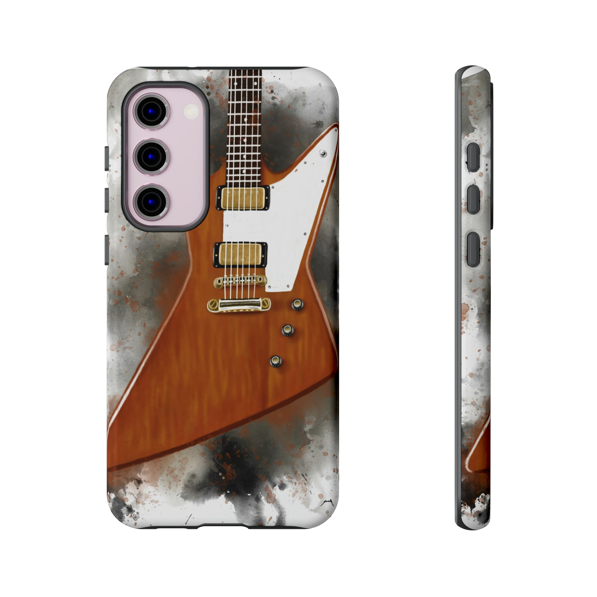Digital painting of a pointy electric guitar printed on a samsung tough phone case