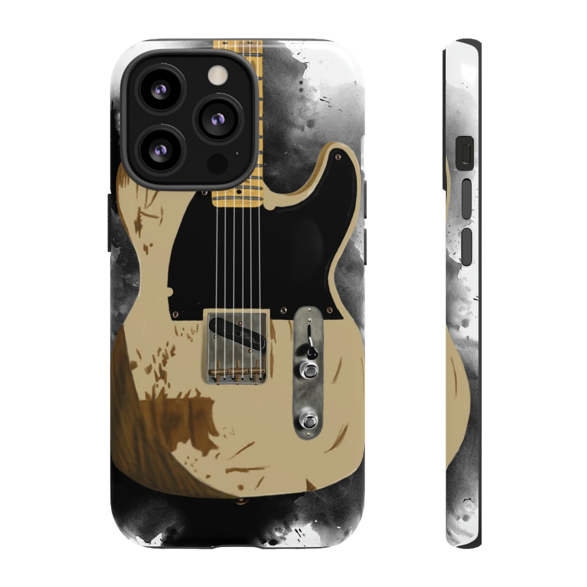 Digital painting of a white-black vintage electric guitar printed on an iphone phone case