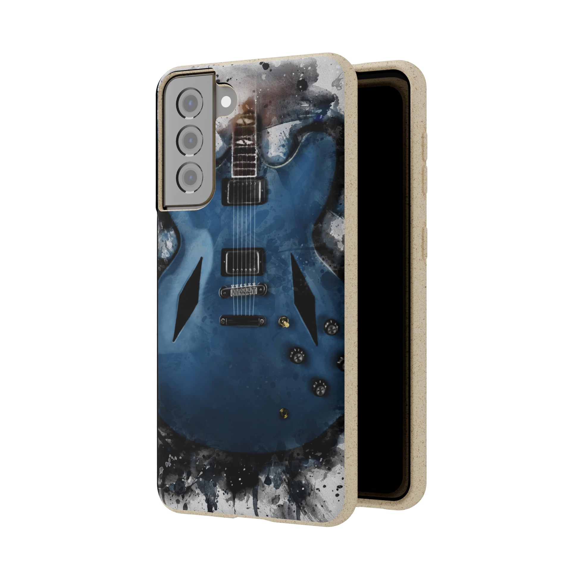 digital painting of a blue electric guitar printed on a biodegradable samsung phone case