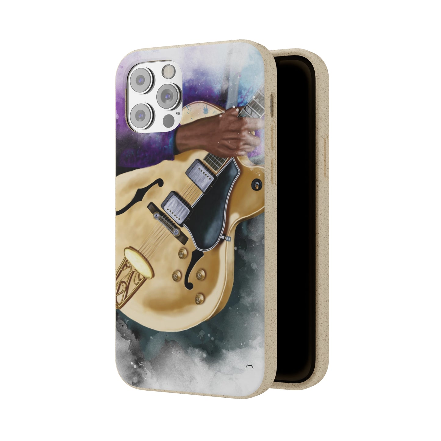 Digital painting of a vintage white hollowbody electric guitar with hand printed on a biodegradable iphone phone case