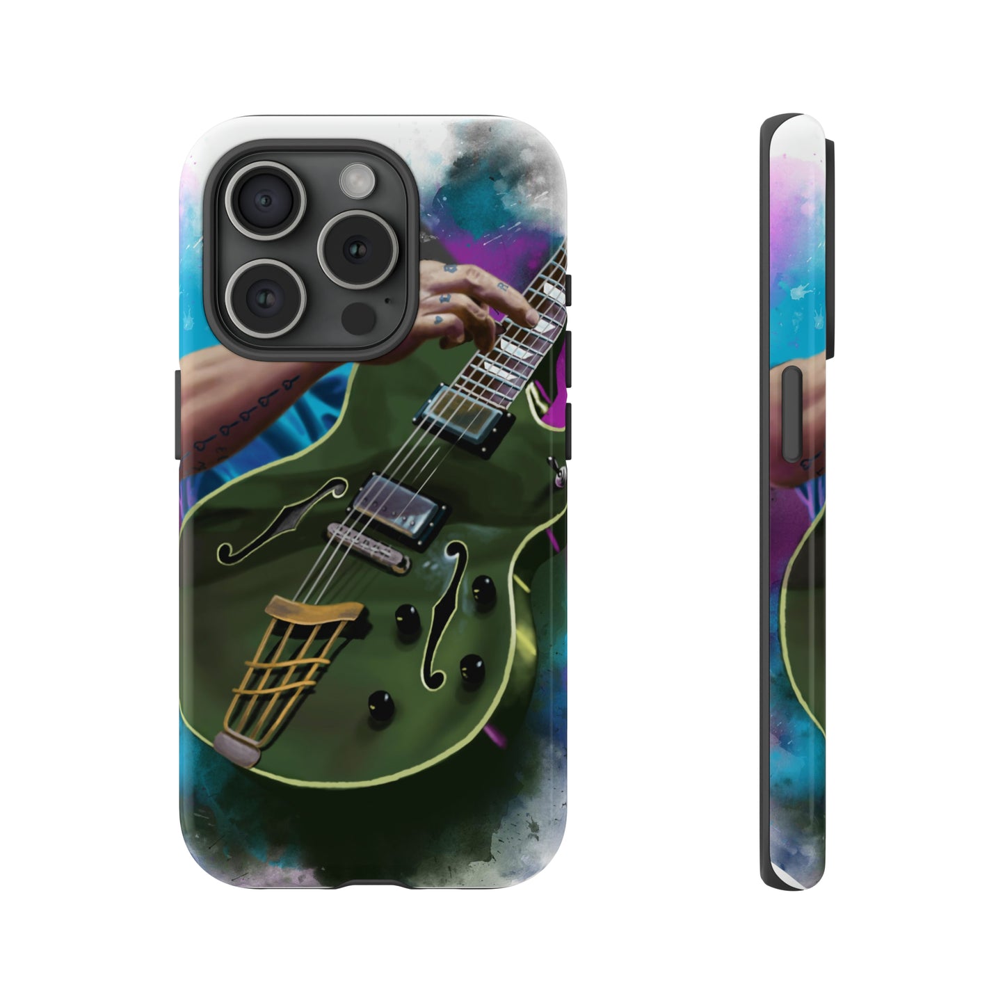 Digital painting of an olive green electric guitar with hand printed on iphone tough case