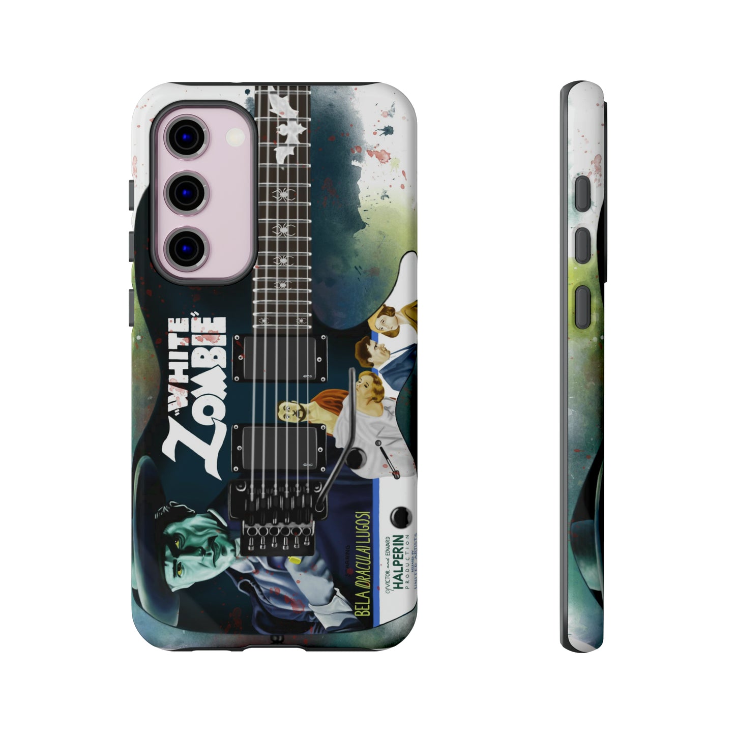 Digital painting of a blue electric guitar with a vintage movie poster on it printed on samsung phone case