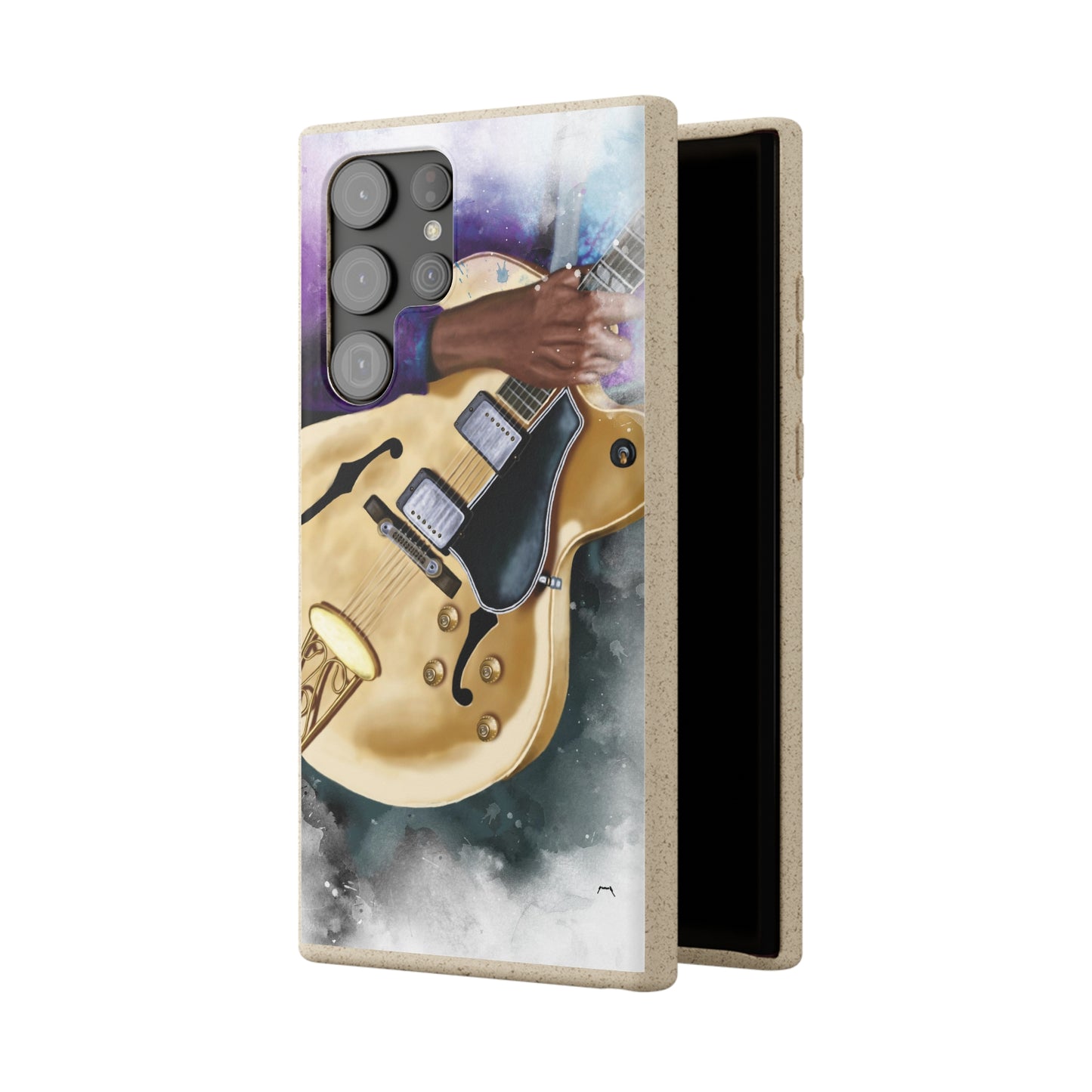 Digital painting of a vintage white hollowbody electric guitar with hand printed on a biodegradable samsung phone case