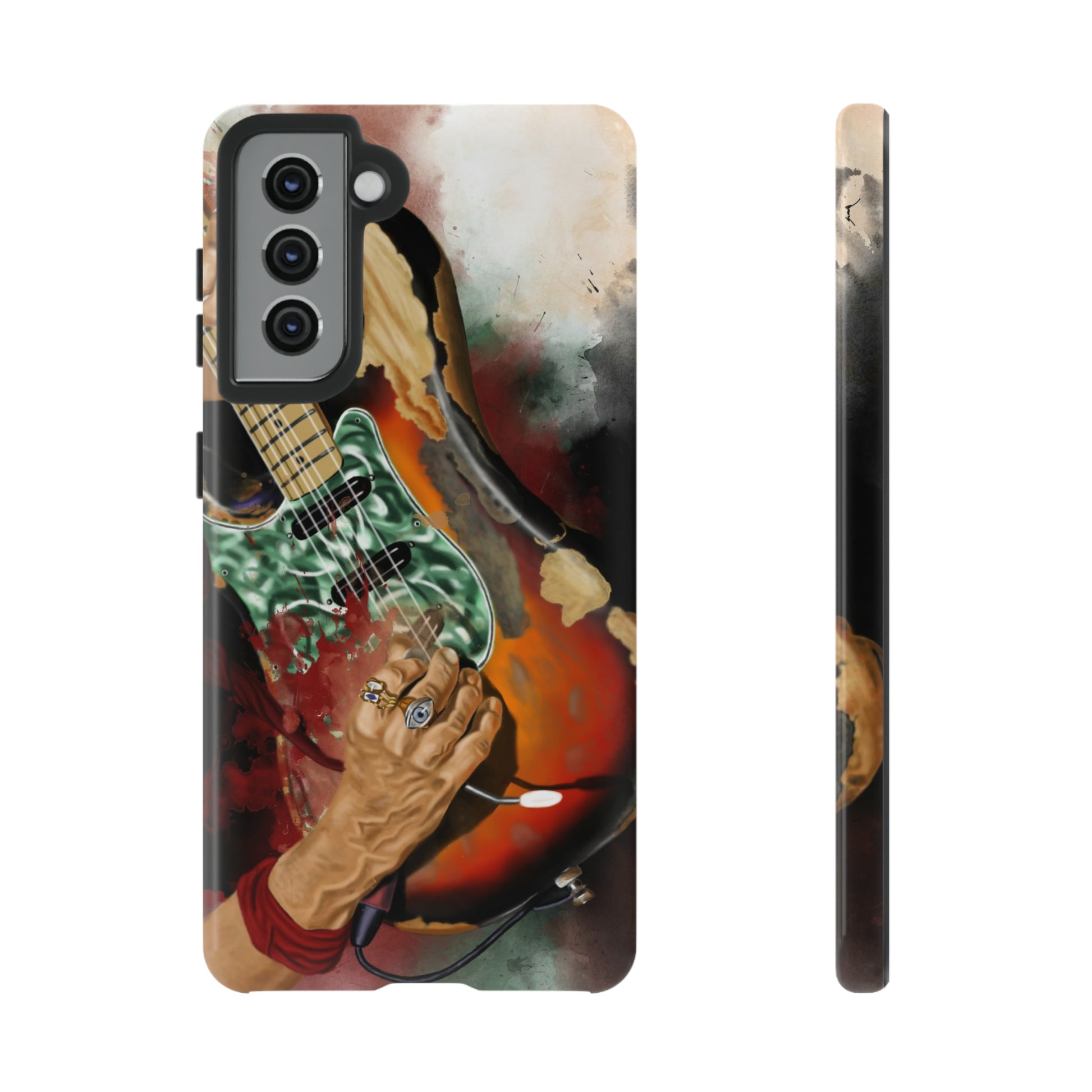 Digital painting of vintage electric guitar with hands printed on samsung phone case