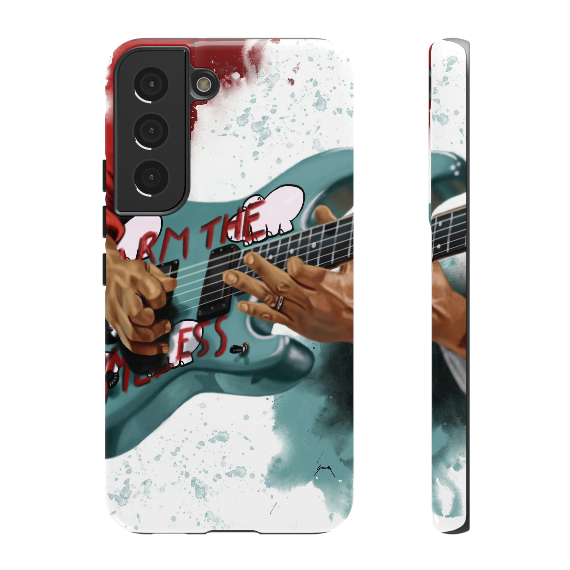 Digital painting of a blue electric guitar with stickers and hands printed on samsung phone case