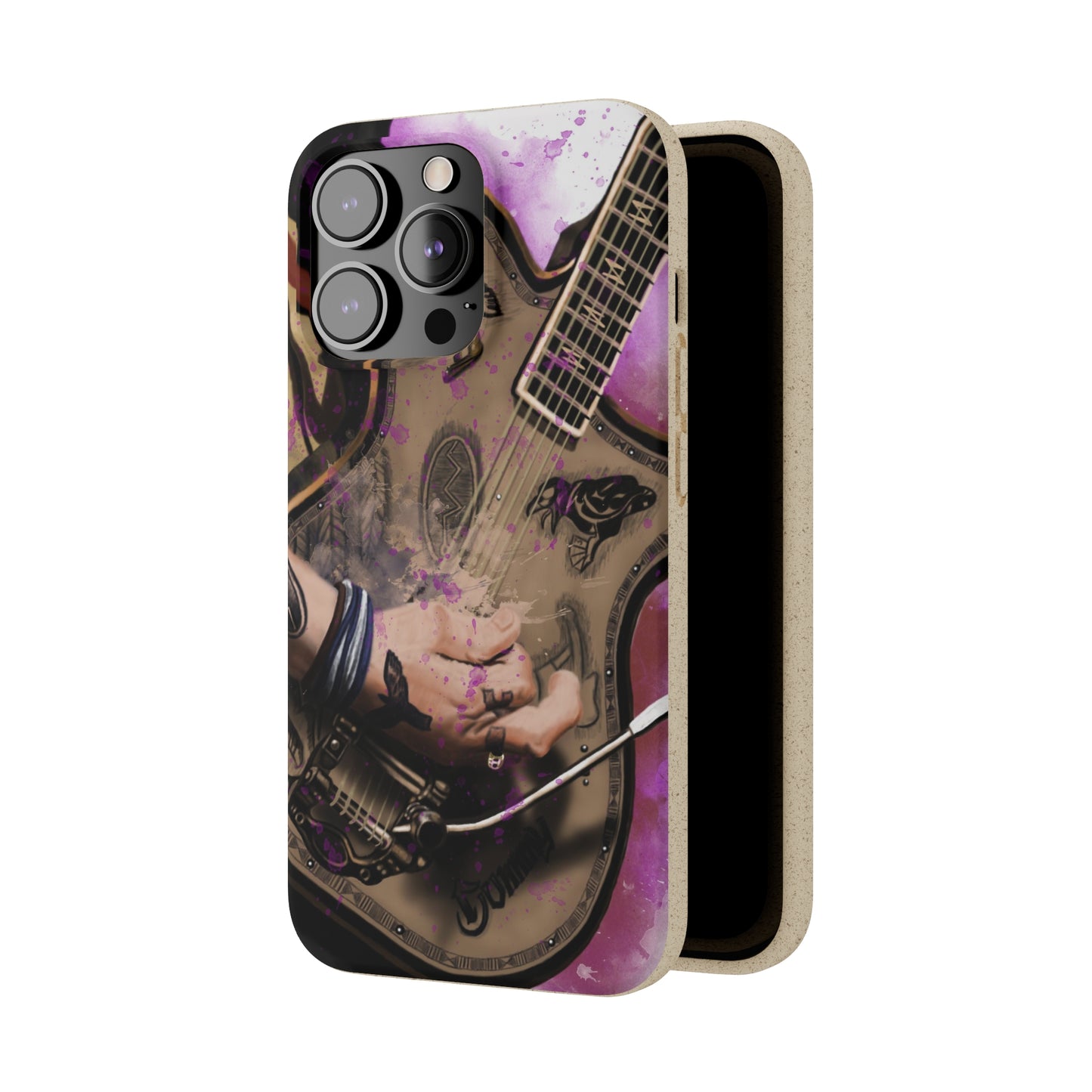 digital painting of an electric guitar with tattooed hand printed on a biodegradable iphone phone case