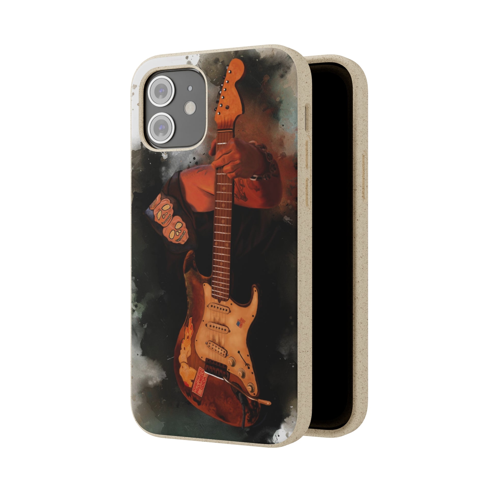 digital painting of Papa's heavy used vintage sunburst electric guitar printed on biodegradable iphone phone case