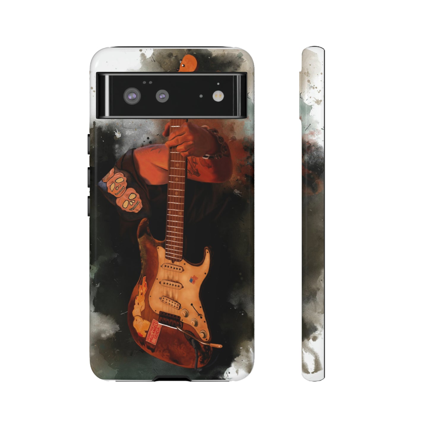 Digital painting of a heavy used vintage sunburst electric guitar with hand printed on google phone case