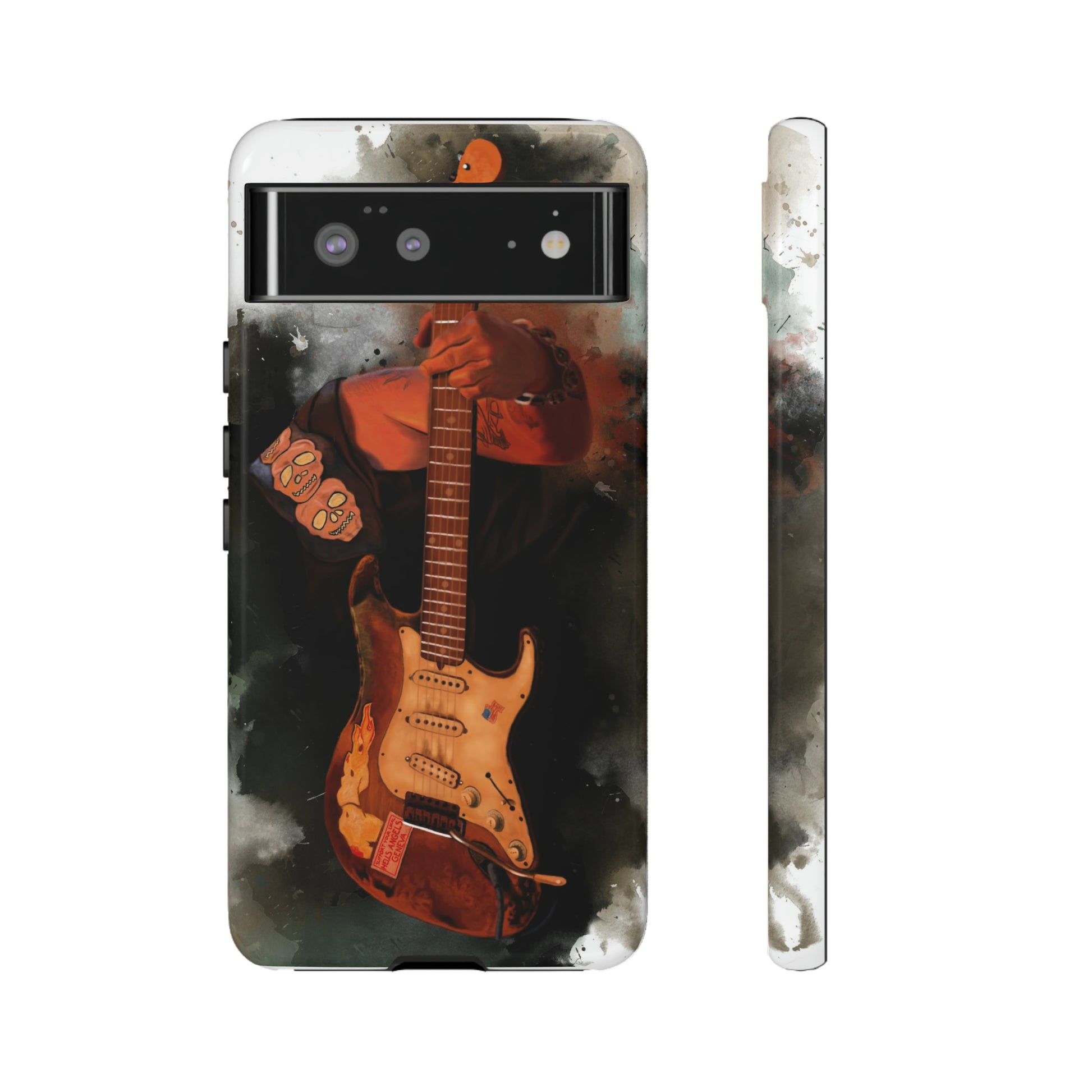 Digital painting of a heavy used vintage sunburst electric guitar with hand printed on google phone case