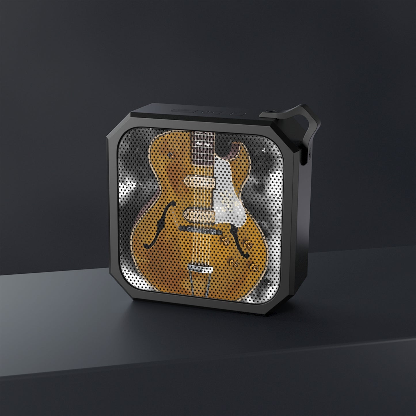 Digital painting of a vintage goldtop electric guitar printed on a bluetooth speaker