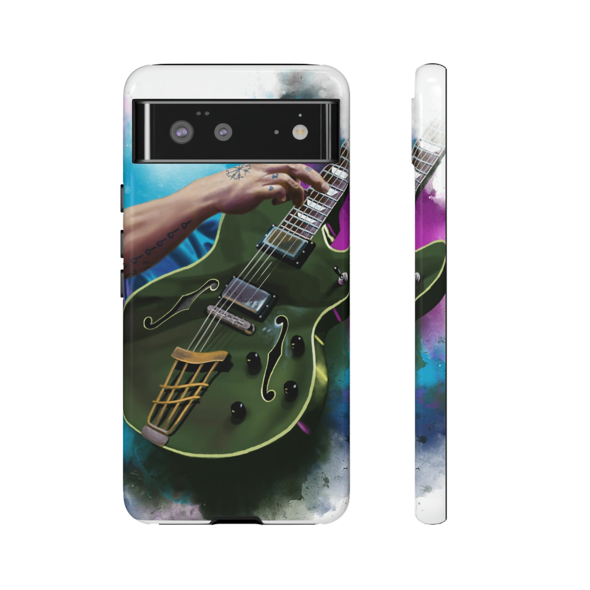 Digital painting of an olive green electric guitar with hand printed on google tough case