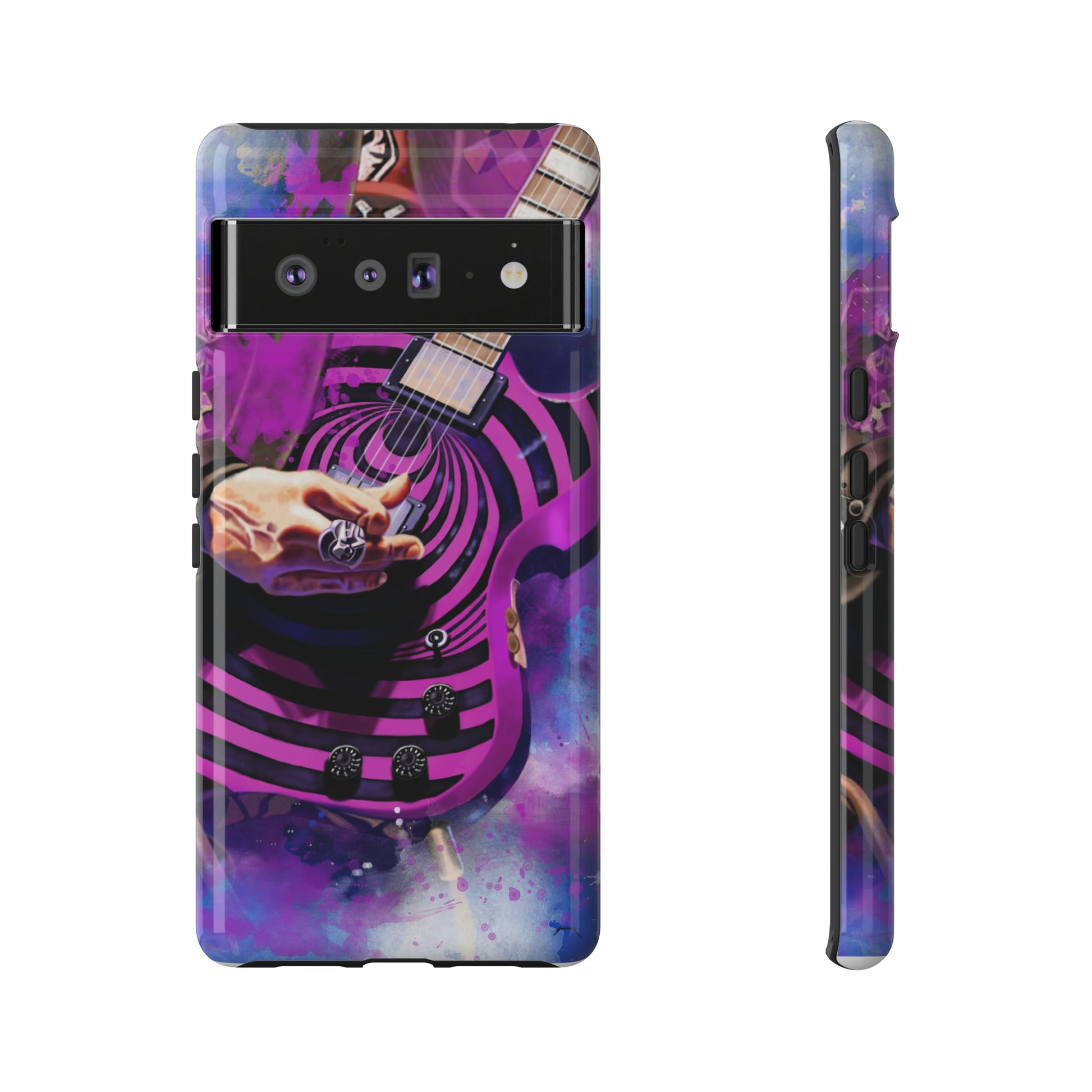 digital painting of a purple-black electric guitar with hand printed on google phone case