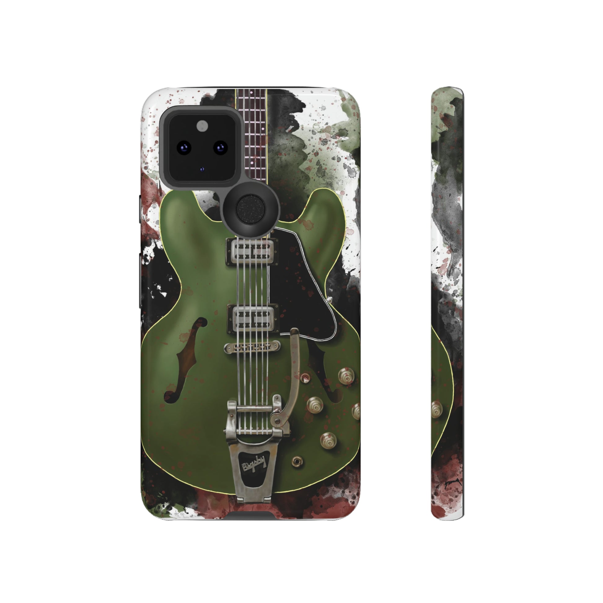 digital painting of a green electric guitar printed on a google phone case