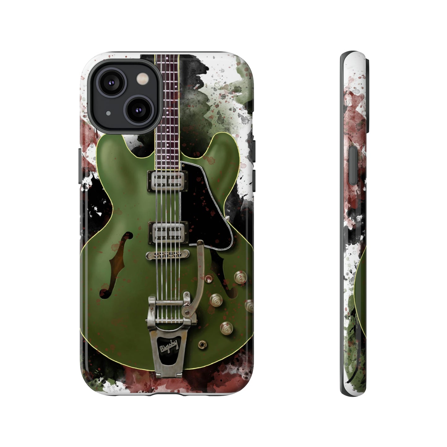 digital painting of a green electric guitar printed on an iphone phone case