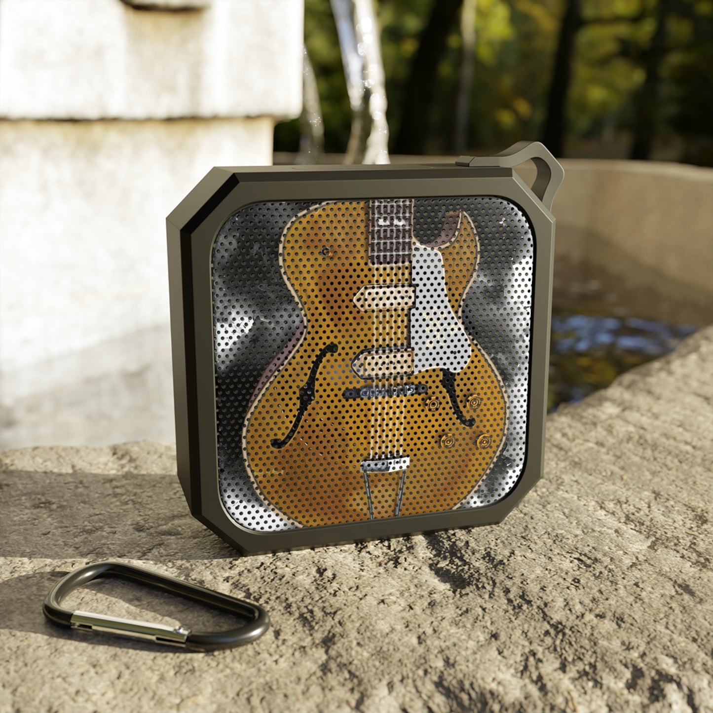 Digital painting of a vintage goldtop electric guitar printed on  a bluetooth speaker