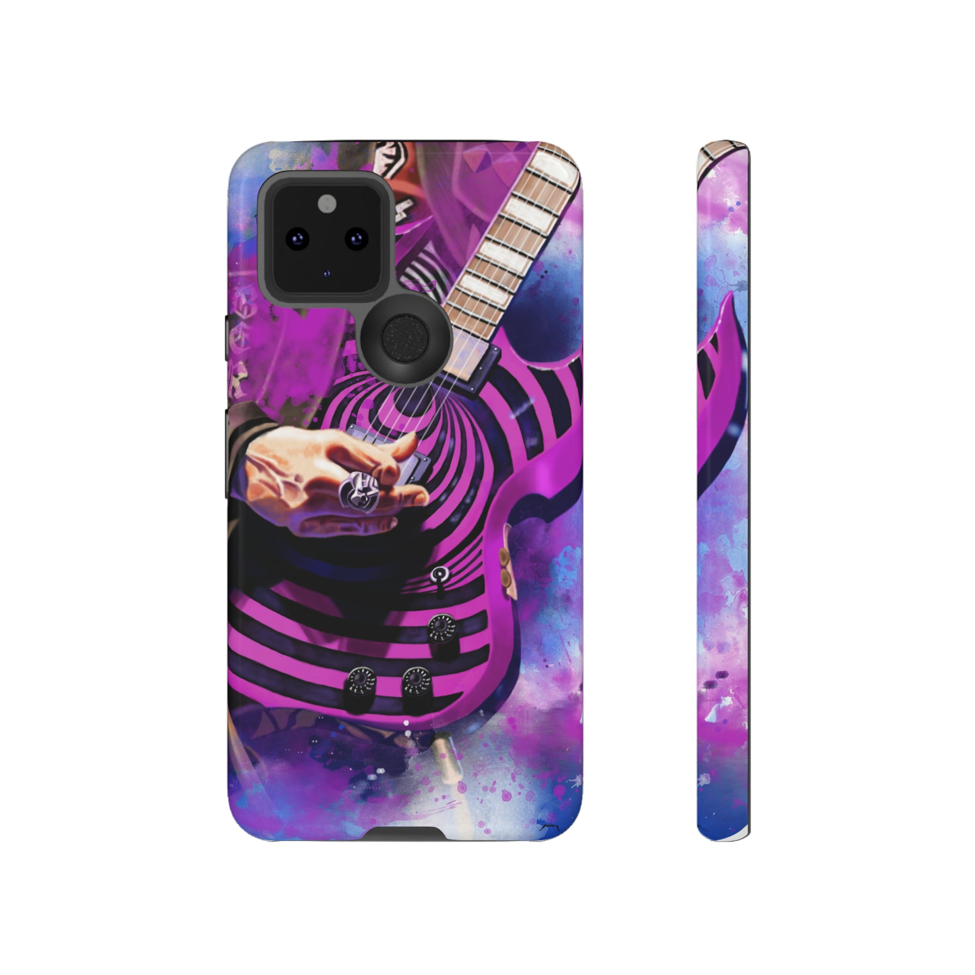 digital painting of a purple-black electric guitar with hand printed on google phone case