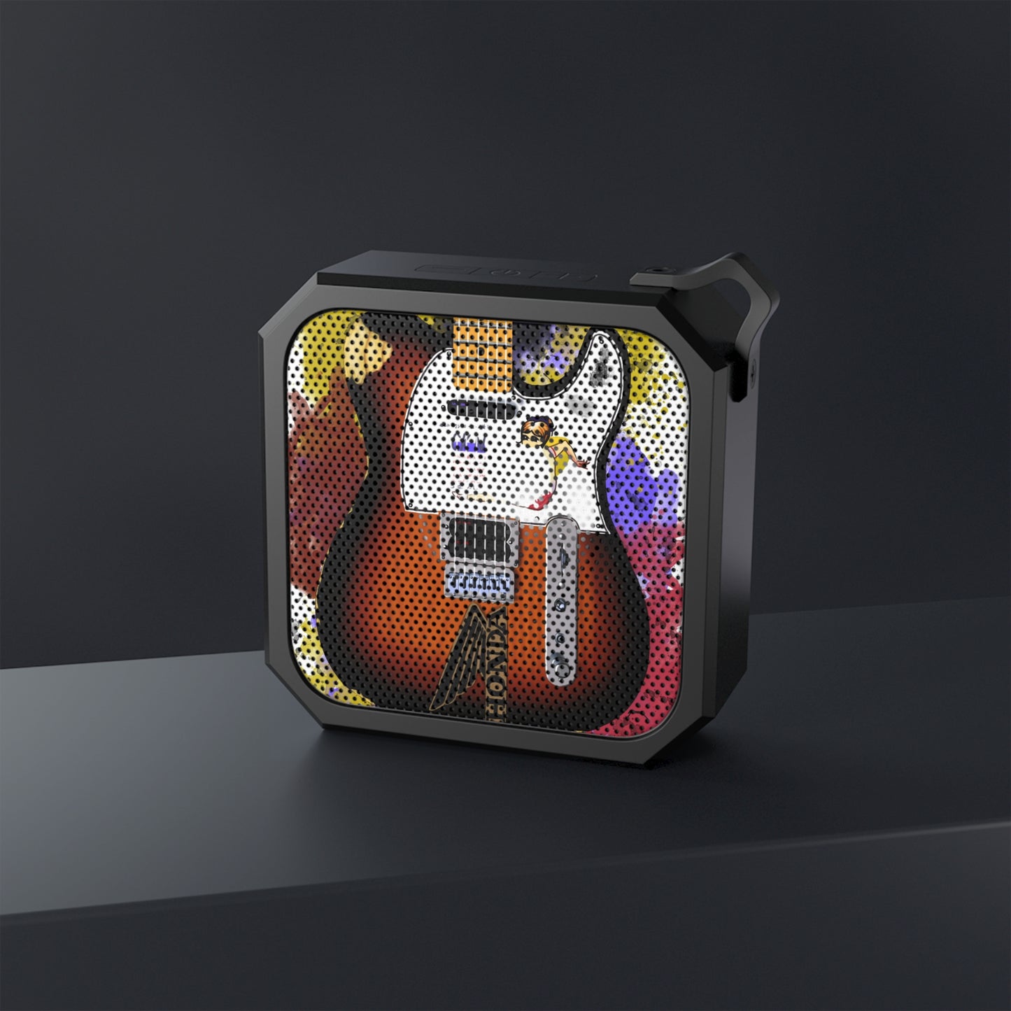 digital painting of a sunburst electric guitar with stickers printed on a bluetooth speakaer