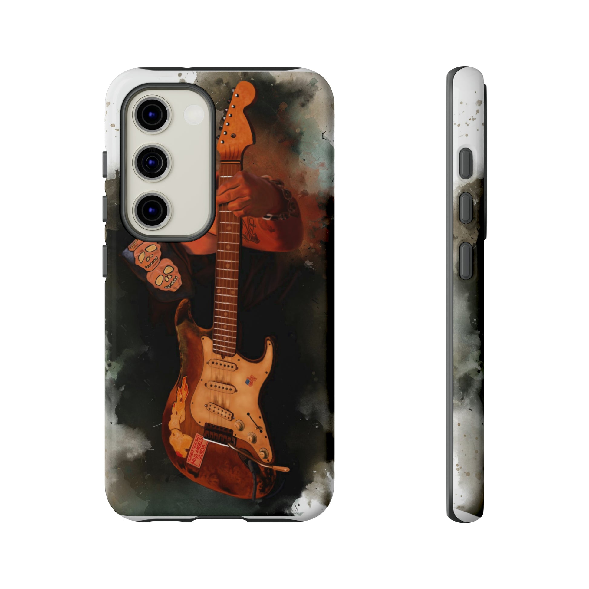 Digital painting of a heavy used vintage sunburst electric guitar with hand printed on samsung phone case