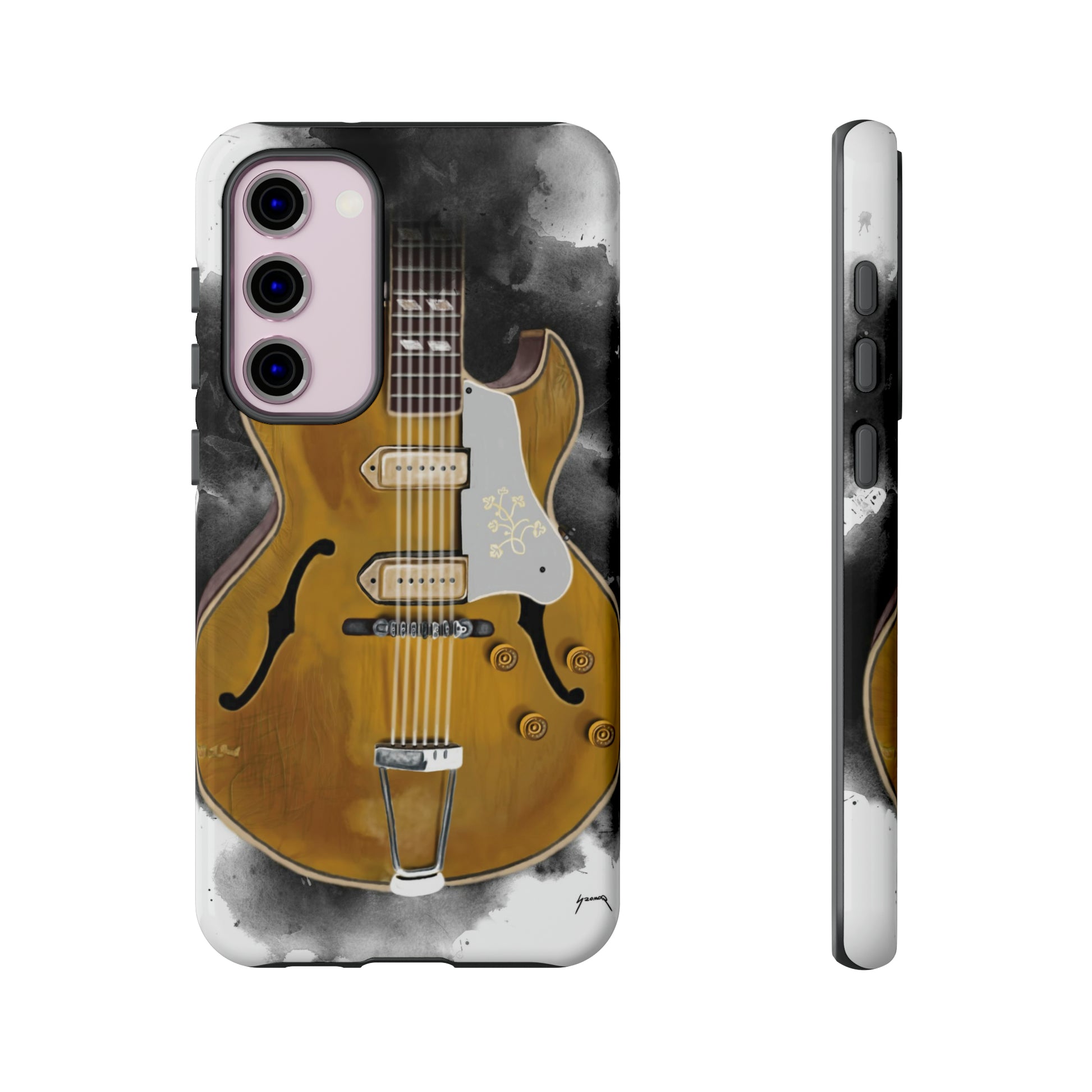 Digital painting of a goldtop vintage electric guitar printed on a samsung phone case