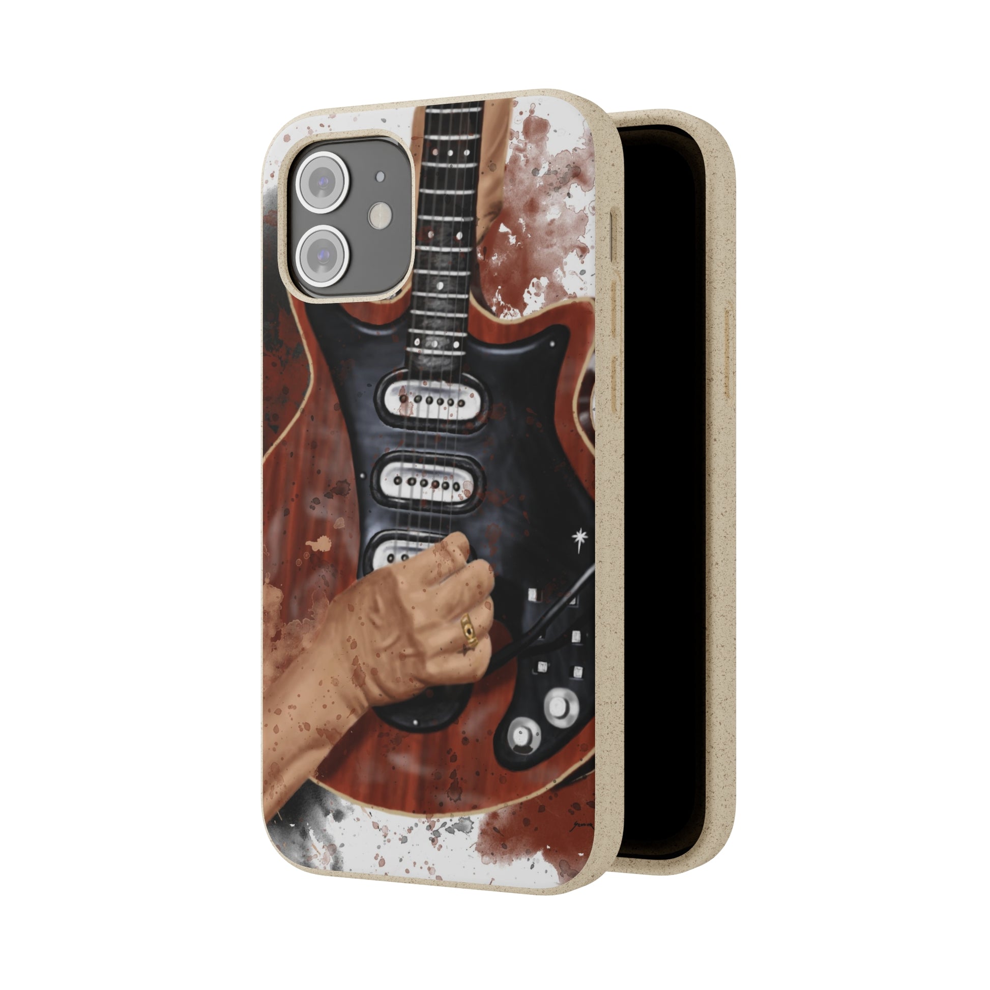digital painting of a red black electric guitar with hands printed on biodegradable iphone phone case