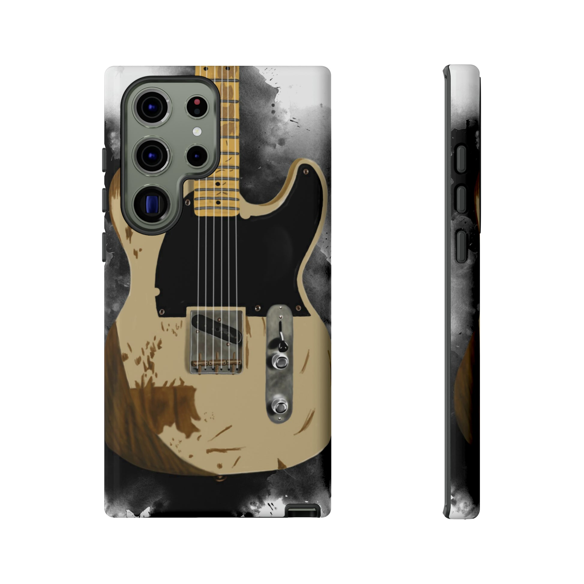 Digital painting of a white-black vintage electric guitar printed on a samsung phone case