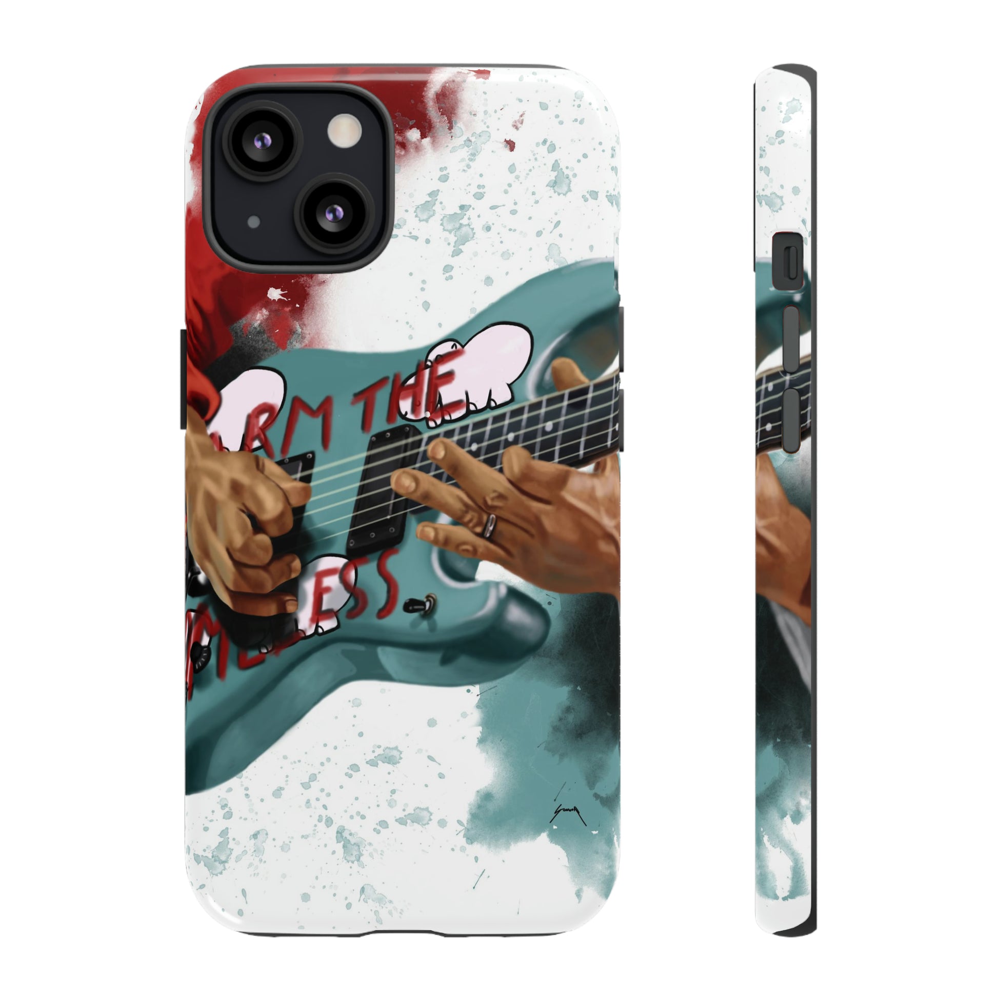 Digital painting of a blue electric guitar with stickers and hands printed on iphone phone case