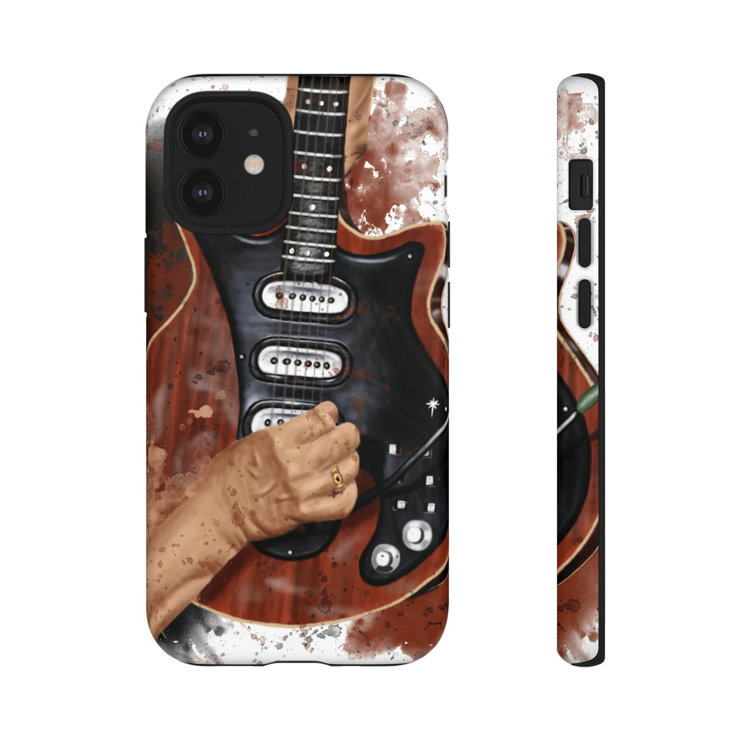 digital painting of a red black electric guitar with hands printed on an iphone case