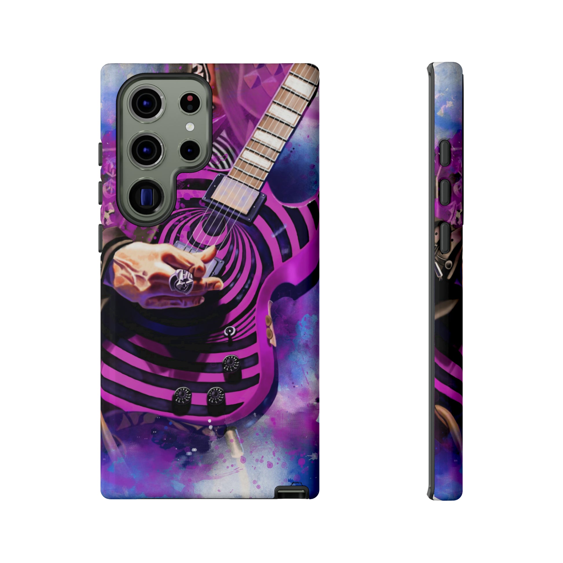 digital painting of a purple-black electric guitar with hand printed on samsung phone case