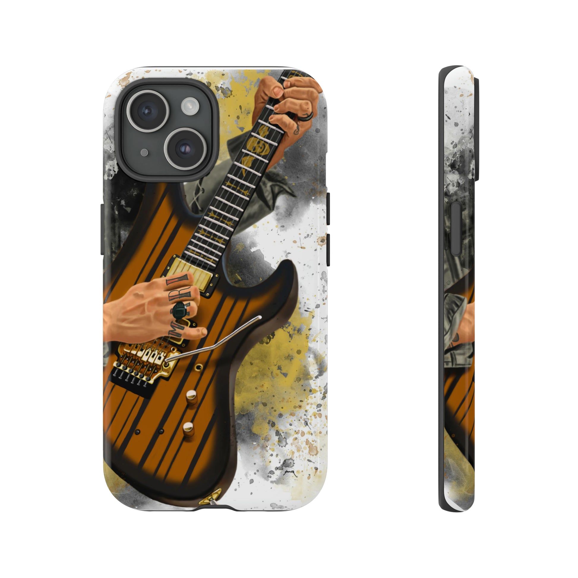 Digital painting of a burst black electric guitar with hands and tattoos printed on iphone tough case