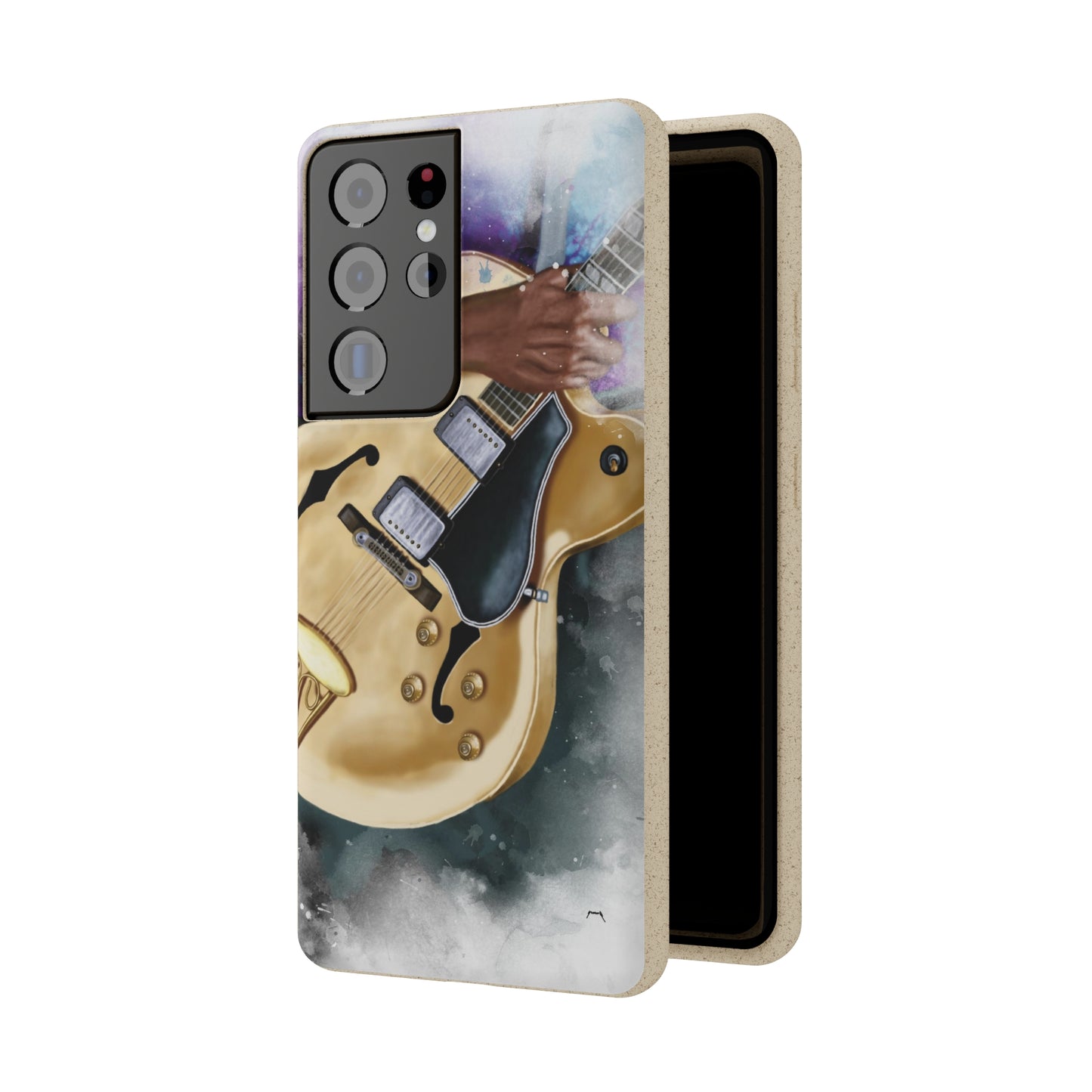 Digital painting of a vintage white hollowbody electric guitar with hand printed on a biodegradable samsung phone case