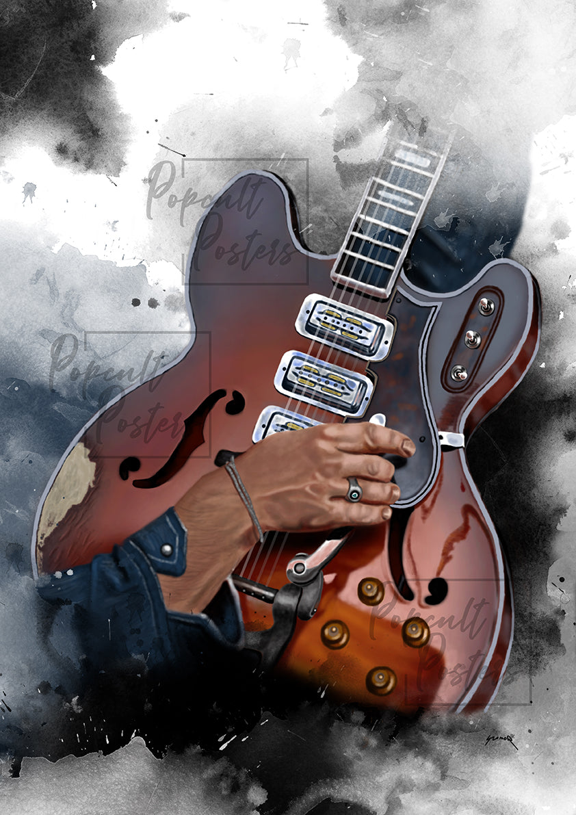 digital painting of a vintage sunburst electric guitar with hands