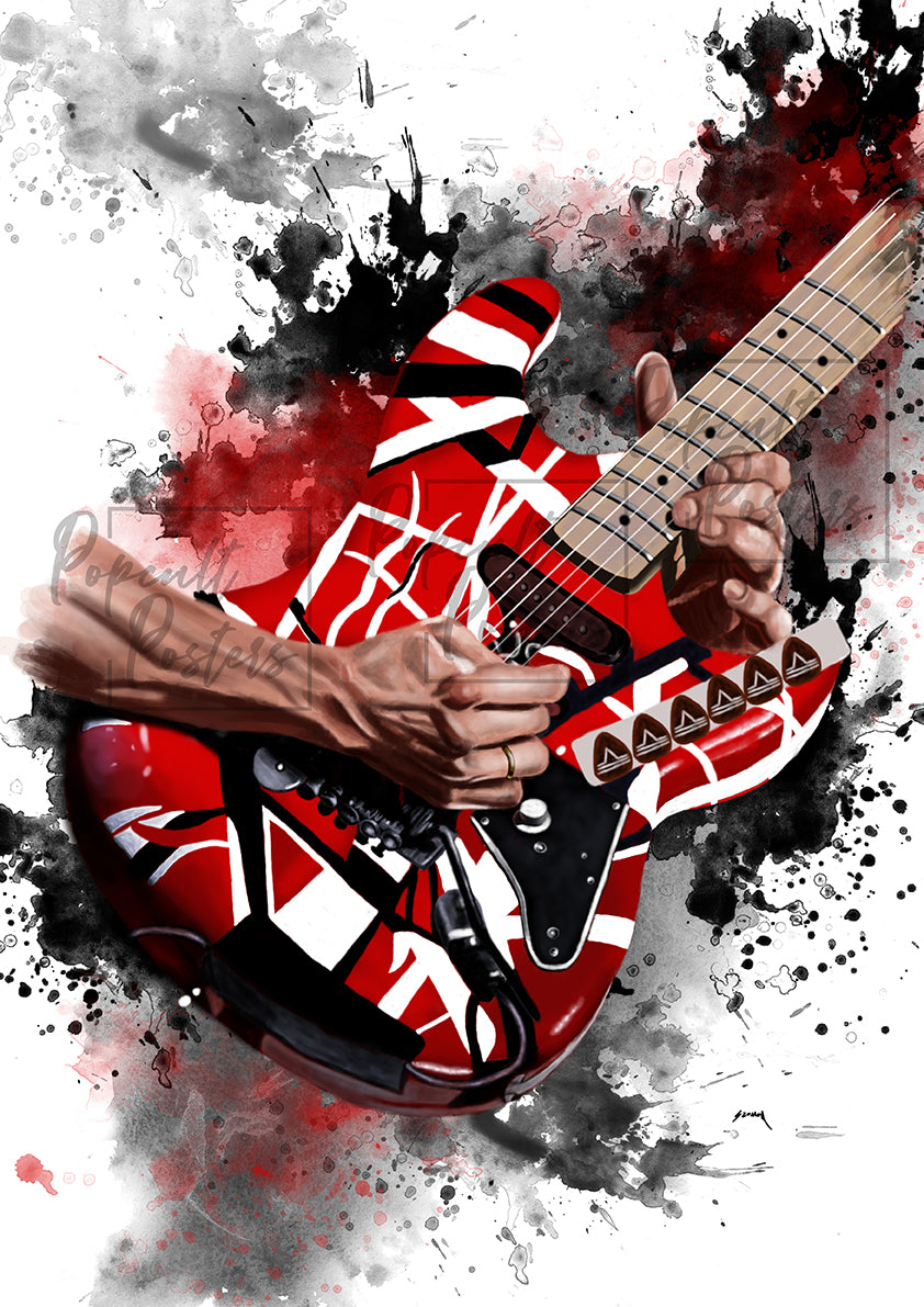digital painting of a red-white-black electric guitar with hands