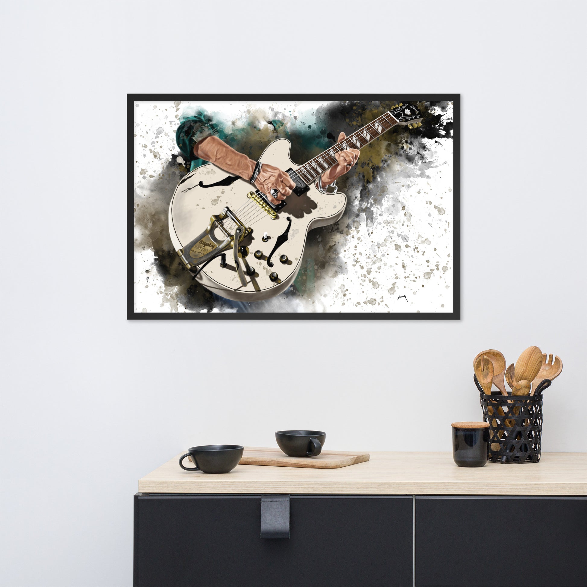 Digital painting of Pirate's white electric guitar printed on framed canvas.