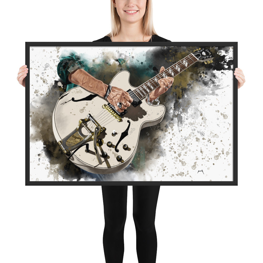Digital painting of Pirate's white electric guitar printed on framed canvas.