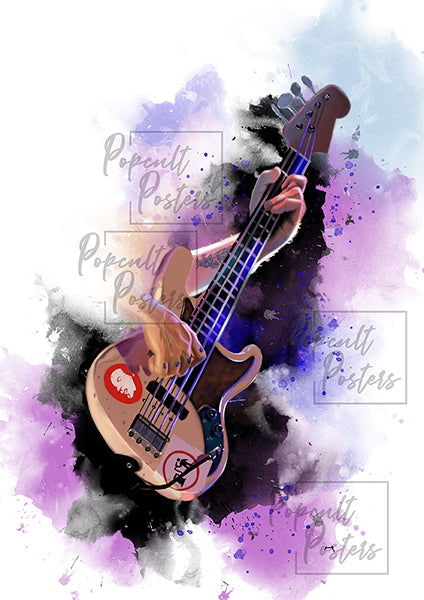 digital painting of a vintage white electric bass guitar with hands