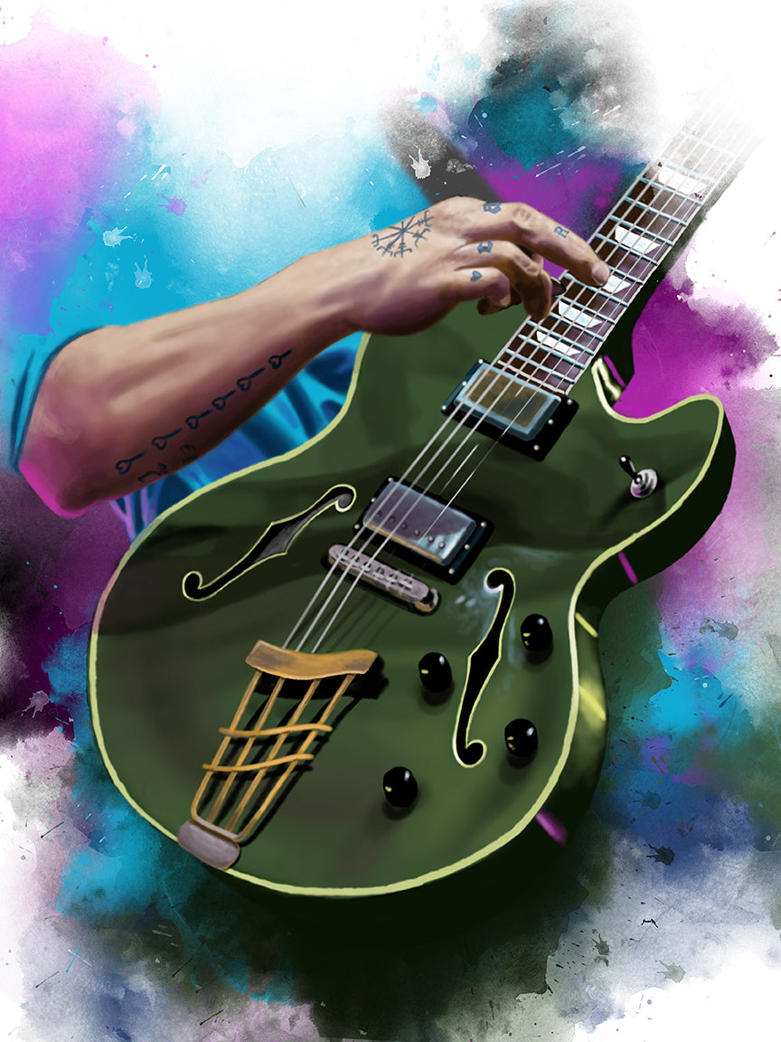 digital painting of an olive green electric guitar