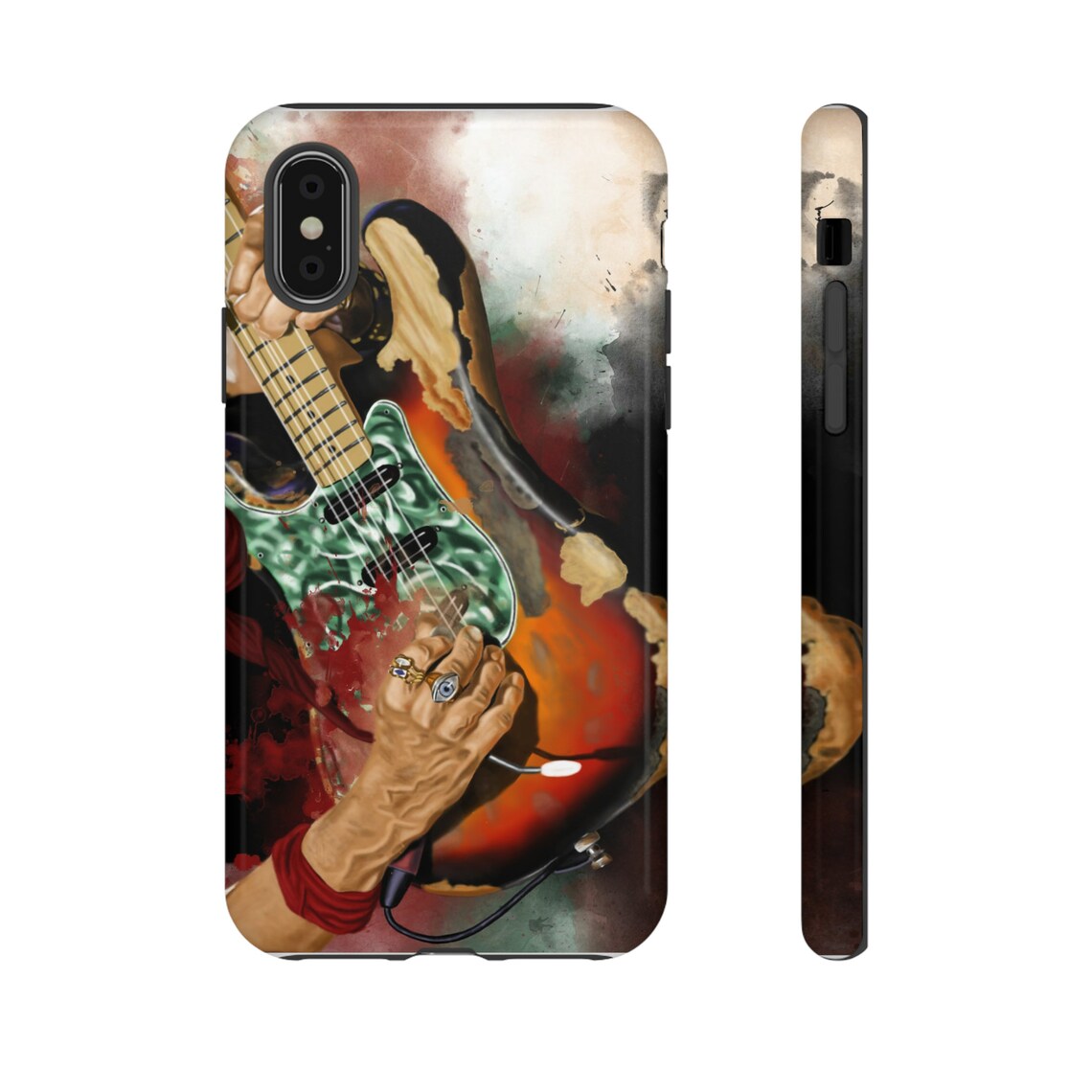 Digital painting of vintage electric guitar with hands printed on iphone case