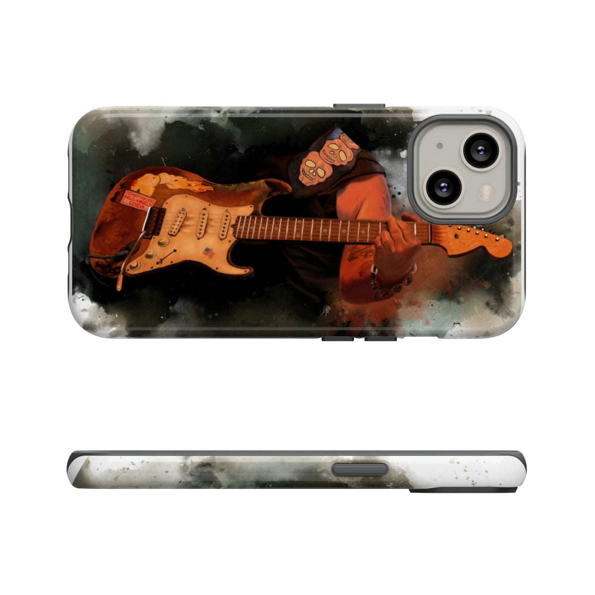 Digital painting of a heavy used vintage sunburst electric guitar with hand printed on iphone phone case