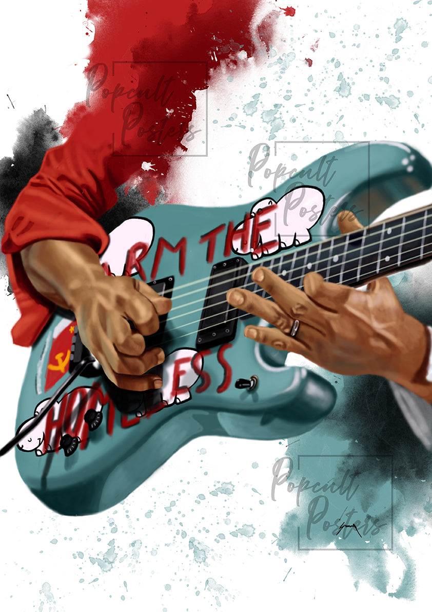 digital painting of a blue electric guitar with stickers and hands